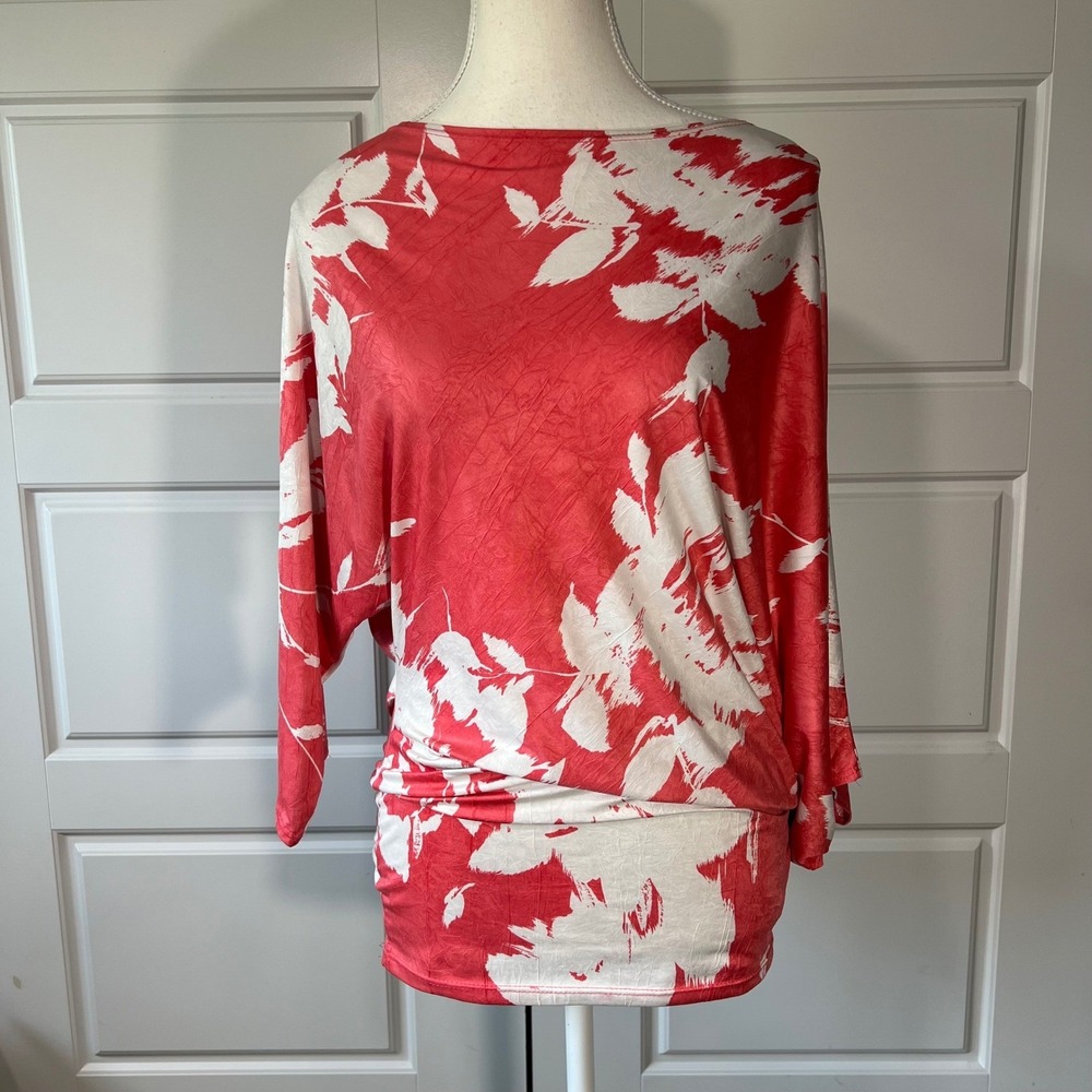 Kanvas Coral Floral‎ Dolman Sleeve Tunic Top Blouse Size M